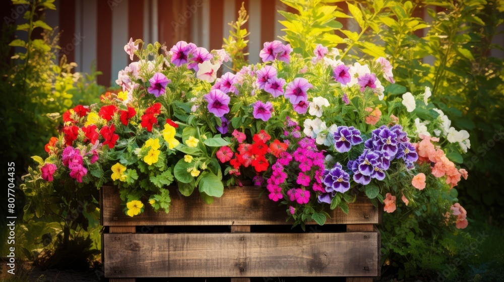 Naklejka premium Beautiful different color flowers in pots on wooden pallet
