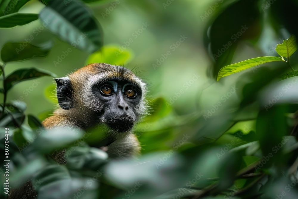 Fototapeta premium Captivating Gaze: Close-up Portrait of a Monkey in a Natural Green Environment, Expressive Eyes, Wildlife, Detailed