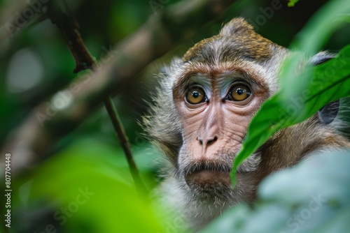 Natural Habitat: Young Monkey Peeking Through Vibrant Green Leaves, Wildlife, Curiosity, Jungle, Nature
