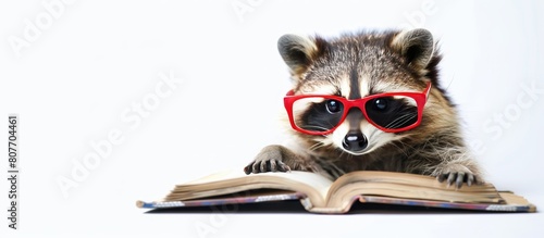 Fototapeta Naklejka Na Ścianę i Meble -  Adorable smart raccoon with red glasses engrossed in reading book on plain white background, education concept, banner, copy space for text