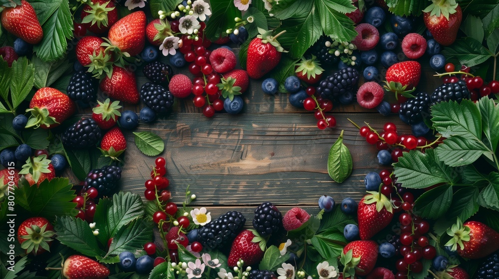 Assortment of fresh berries with green leaves on a rustic wooden background. Assortment of fresh berries with green leaves on a rustic wooden background.