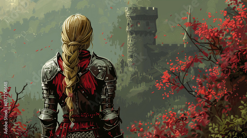 girl knight against the background of the castle. pixel painting