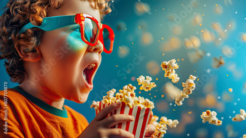 A very excited little child  wearing 3D glasses watching cinema while holding popcorn  flying popcorn in the background  
