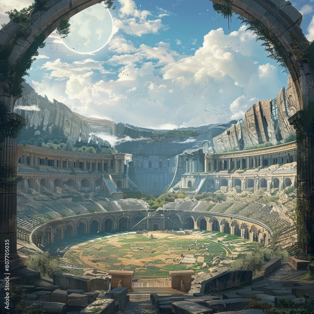 Dream of a stadium surrounded by ancient ruins, enhanced with augmented reality lore, in a Byzantine style with ample text space