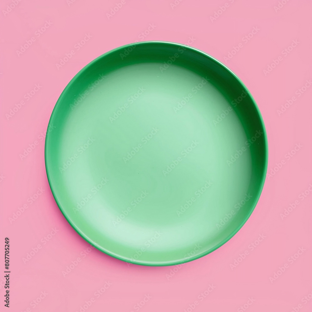 Light green plate on a pink background: top view Light green plate on a pink background: top view
