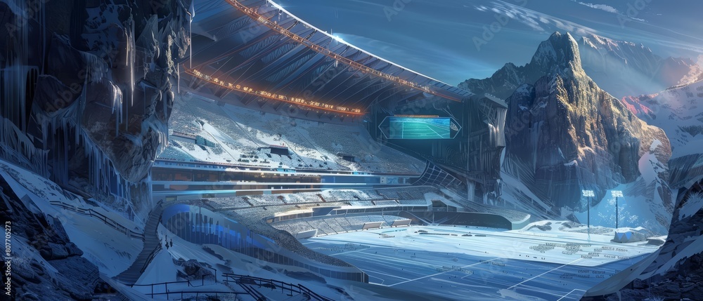 Fototapeta premium Envision a mountain stadium blending with a virtual reality landscape, presented in surrealistic art style, leaving space for poetic expressions