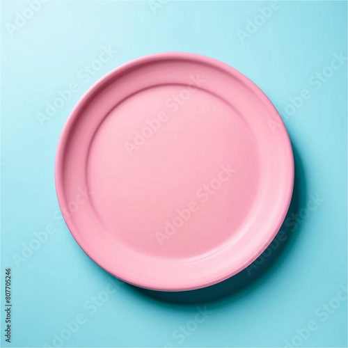 pink plate on a blue background  top view