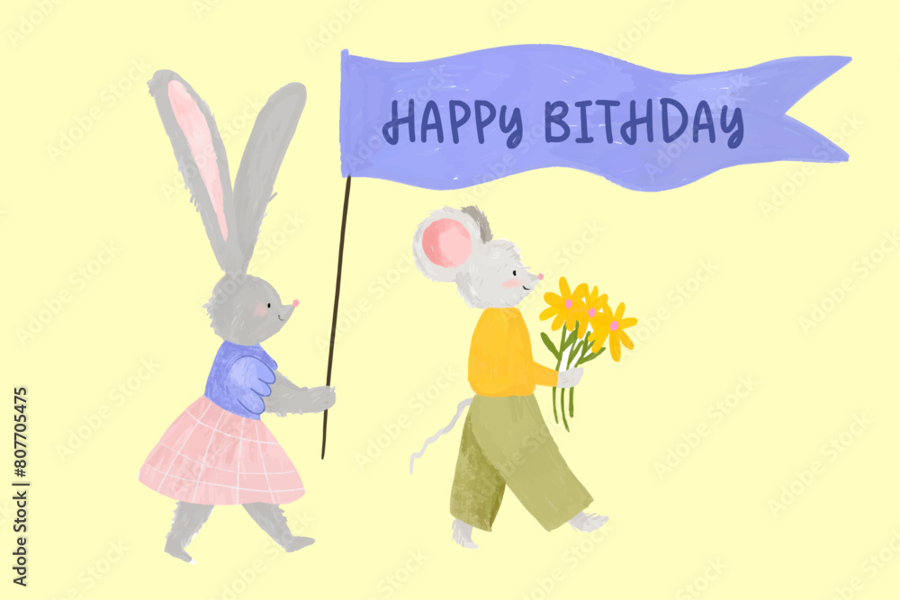 Happy birthday greeting card. Cute clip art illustrations, perfect for greeting cards, invitations, banners, posters, textile, covers. Happy birthday greeting card. Cute clip art illustrations, perfect for greeting cards, invitations, banners, posters, textile, covers.