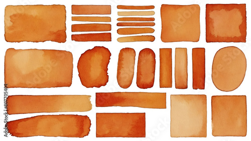 set of watercolor orange brush strokes isolated on transparent background