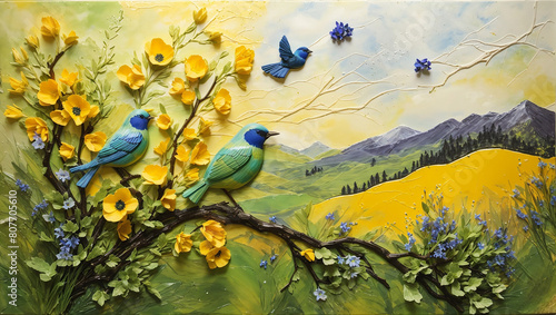 A painting of blue and green birds sitting on a branch with yellow flowers. There is a mountain landscape in the background.

