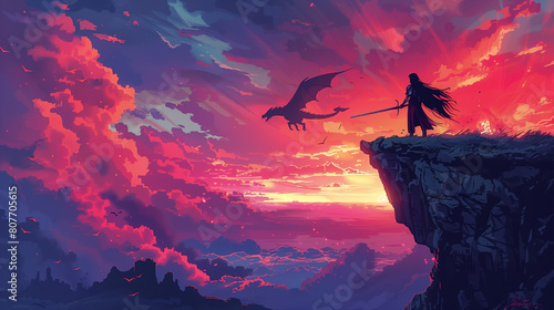 pixel art, warrior girl on top of a rock, a draon flies in the sky against the backdrop of sunset.