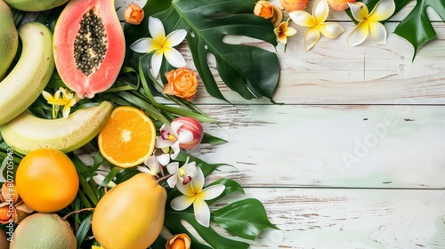 Tropical fruits and flowers spread elegantly on a rustic wooden background