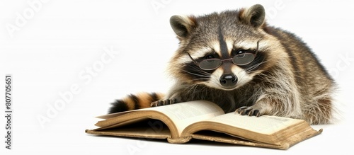 Fototapeta Naklejka Na Ścianę i Meble -  Adorable raccoon with glasses enjoying a good read, cute forest animal studying on white background, education concept, banner, copy space for text
