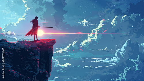 pixel art, warrior girl on top of a rock, a draon flies in the sky against the backdrop of sunset.