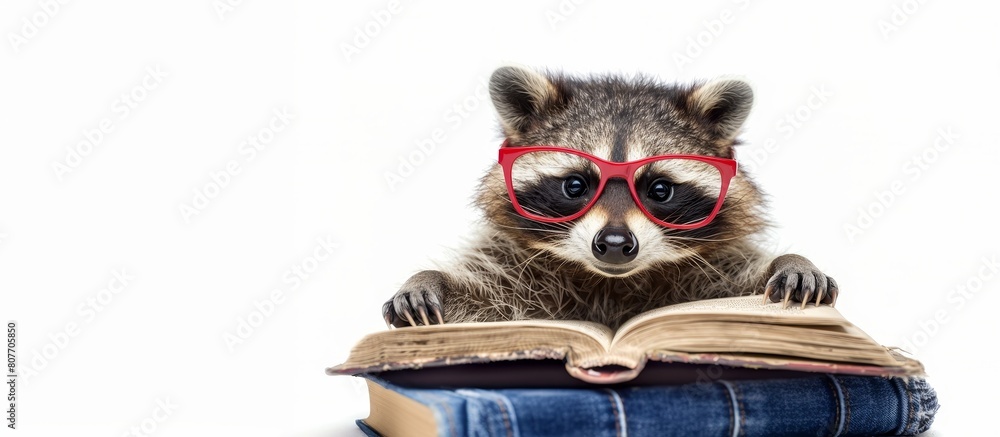 Cute raccoon with red glasses reading book on white background, education concept, banner, copy space for text