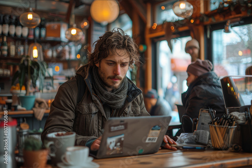 A novelist deeply engrossed in writing at a laptop in a calm cafe with minimal patrons and soft background music.. AI generated.