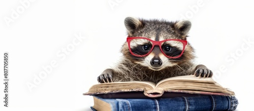Cute raccoon with red glasses reading book on white background  education concept  banner  copy space for text