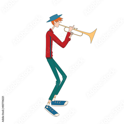Musician playing the trumpet. Flat vector character illustration of trumpeter on white background.