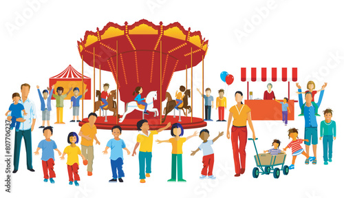 Kinderkarussell mit Kinder. Isolierte Illustration auf einem weißen Hintergrund