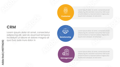 CRM customer relationship management infographic 3 point stage template with vertical circle shape on stack layout for slide presentation