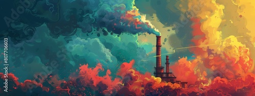 Illustration. A factory smokestack spewing out colorful clouds, representing the environmental impact of industry. photo