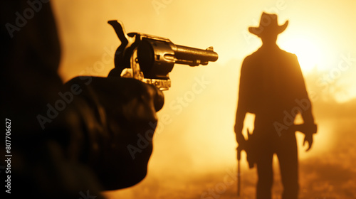 Man in hat and gloves firing a revolver at another man, AI-generated.