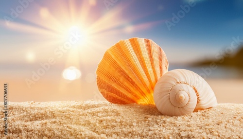 a seashell on a sandy beach with the sun shining in the background