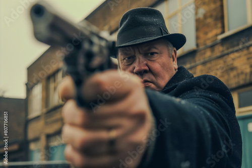 British mob boss with a gun pointing toward the camera, AI-generated.