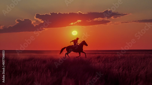 Man on horseback riding through dry grass field at sunset, AI-generated. © Wirestock