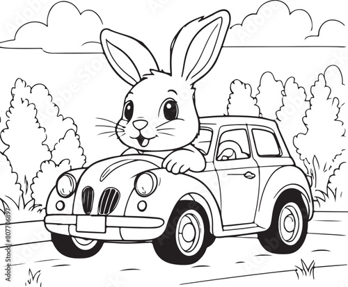 cute easter bunny outline art coloring page, bunny car driving line art book for kids.