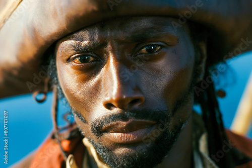 Close-up portrait of a bearded person wearing a hat, AI-generated. © Wirestock