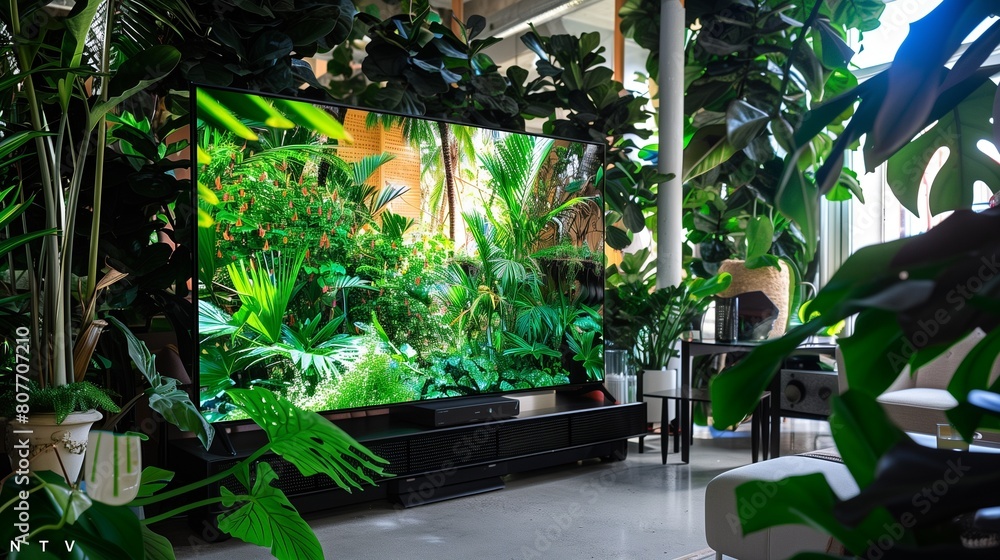 A grand TV lounge with an oversized UHD TV surrounded by exotic indoor plants A grand TV lounge with an oversized UHD TV surrounded by exotic indoor plants