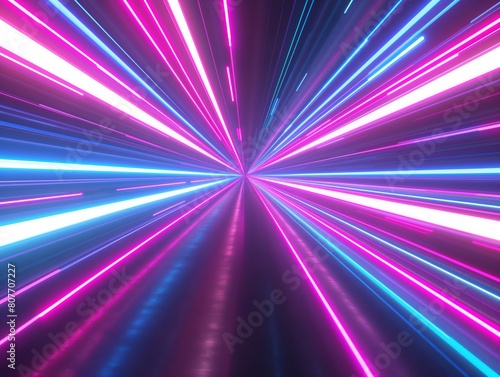 Vibrant pink and blue neon lights converging in a tunnel perspective.