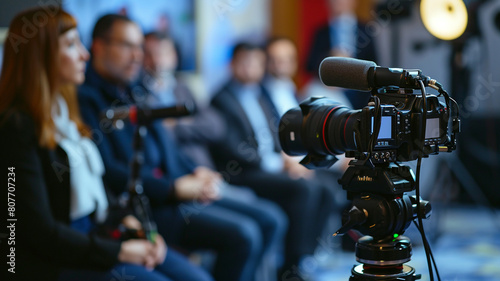 Photograph a simulated press conference with multiple business leaders vying for media attention