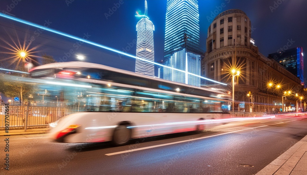 Fototapeta premium a city street with a bus and cars moving fast at night time with long exposure of the lights on the street.