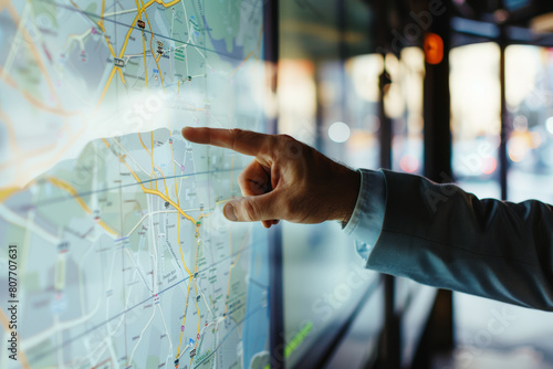 Person interacting with a digital city map on a touchscreen display.