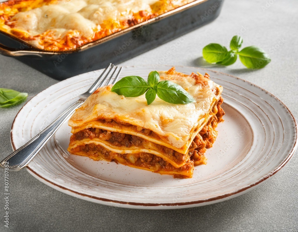 a plate of lasagna on a table with a fork