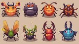 The cartoon insect characters include a mole, dragonfly, bedbug, butterfly, ladybug, ant, colorado beetle, and rhinoceros beetle. Funny wild creatures with smiling faces. Isolated modern set for