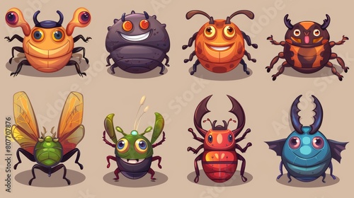 The cartoon insect characters include a mole  dragonfly  bedbug  butterfly  ladybug  ant  colorado beetle  and rhinoceros beetle. Funny wild creatures with smiling faces. Isolated modern set for