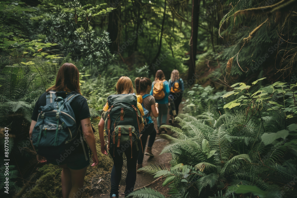 Hikers with backpacks trek through lush green forest, the thrill of discovery in every step. Hikers with backpacks trek through lush green forest, the thrill of discovery in every step.