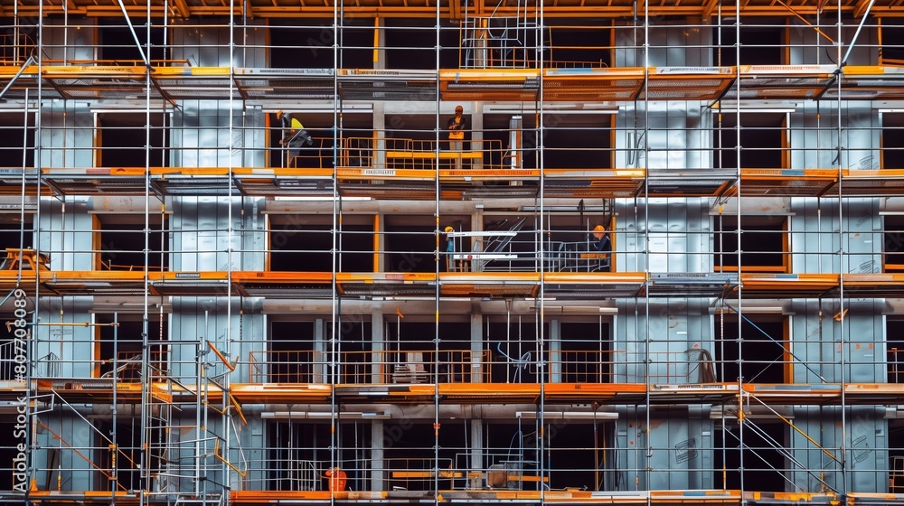 A detailed view of a construction site with workers on scaffoldings across a multi-story building.