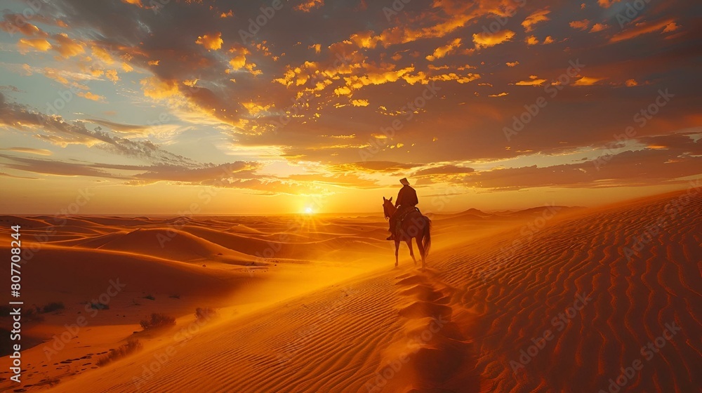 AI generated illustration of a man riding a horse in a desert at sunset