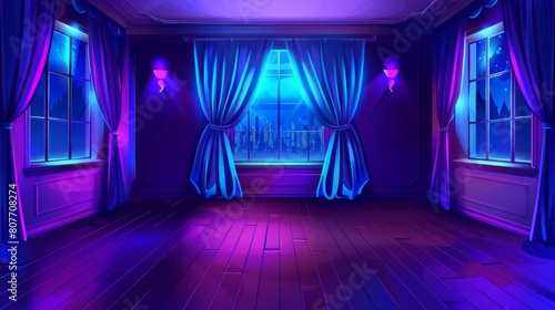 The background of a night time room in a dark apartment with curtained windows, a blank wall, and a wooden floor. Abstract studio or office indoor 2D design for a cartoon game. photo
