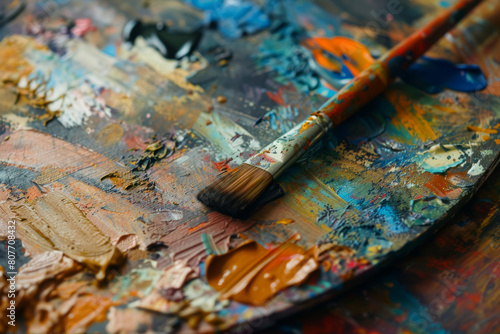 Vivid paint palette with a weathered brush on a dynamic, textured backdrop.