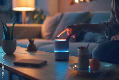 Finger activating a smart assistant with ambient light in a cozy living room.