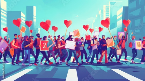 A crowd picketing with placards and banners at a rally. Characters with red hearts, flags, and signs cross the street. An activist crowd picketing. Line art flat modern illustration.