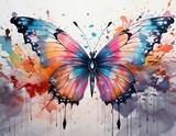 a colorful butterfly flying through the air with paint splatters all over it's back and wing ends