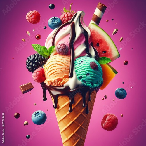 Delicious ice cream cone with fruits, chocolate and milk cream