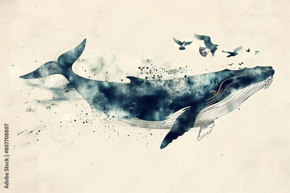 Fototapeta premium Generative AI watercolor illustration of a blue whale in the ocean with birds in the sky on a white background. Vintage edition.