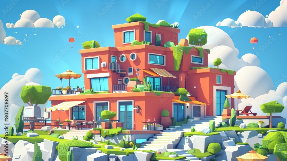 Modern city building poster. Modern horizontal banner depicting an isometric house, a hotel with a terrace on the roof, a restaurant with umbrellas, an office, and a small shop.